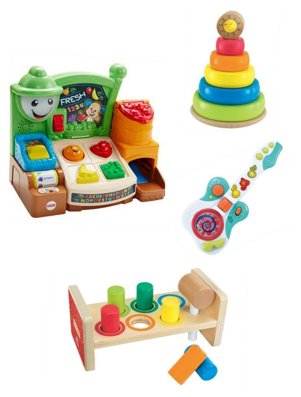 Image 17585 of Toys 20 : Fisher Price Laugh & Learn Fruits n Fun Learning Market, ELC Musical Melody Guitar, ELC Wooden Stacking Rings, & ELC Wooden Hammer Bench