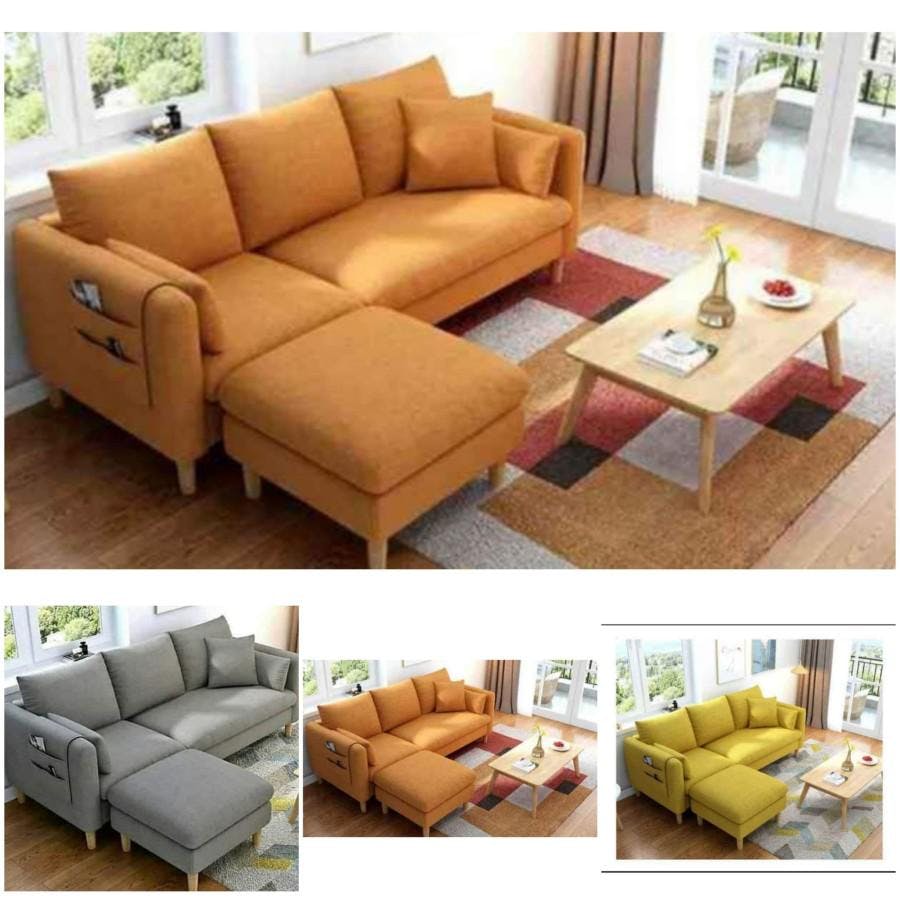 Sofa L Minimalis | Sofa 3 Seater + Puff - 185 Cm & Pouf (Snowvilee - Cream Kanvas)